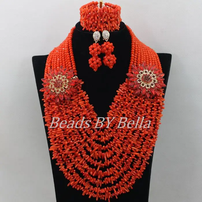 

Bridal Lace Jewlery Nigerian Wedding African Beads Jewelry Set Orange Coral Beads Women Costume Fashion Set Free Shipping ABF469