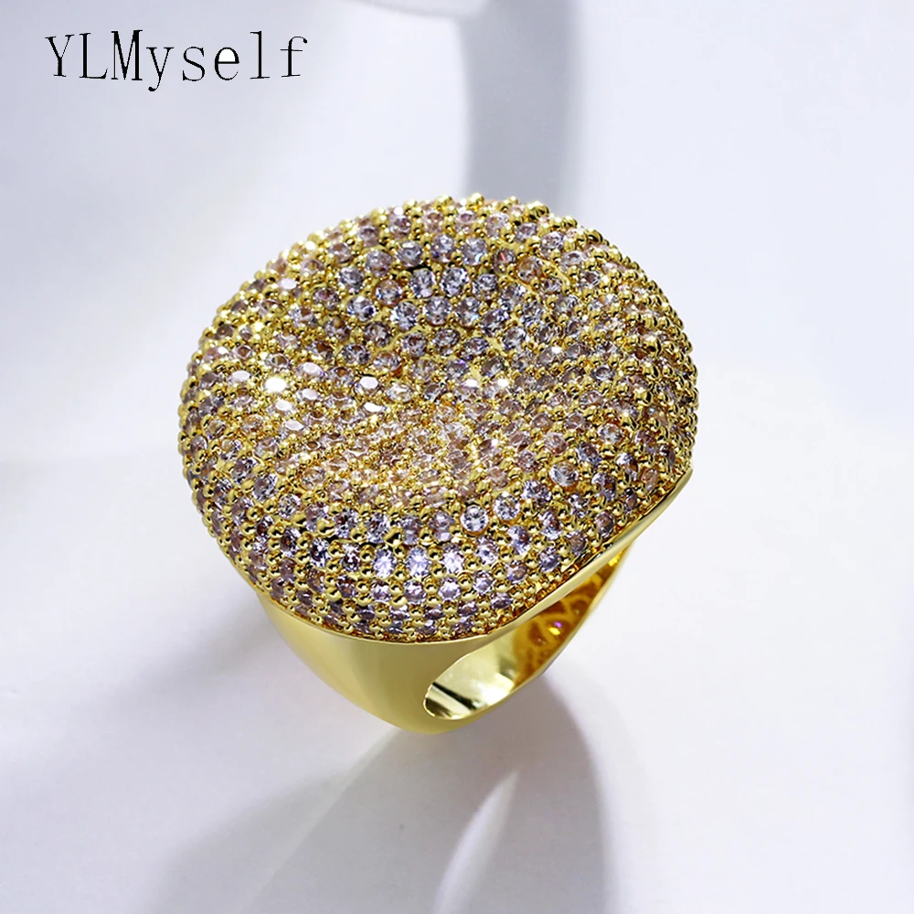 Wonderful big rings Pave setting cz crystal Gold white color luxury jewelry fast shipment large round shape finger ring