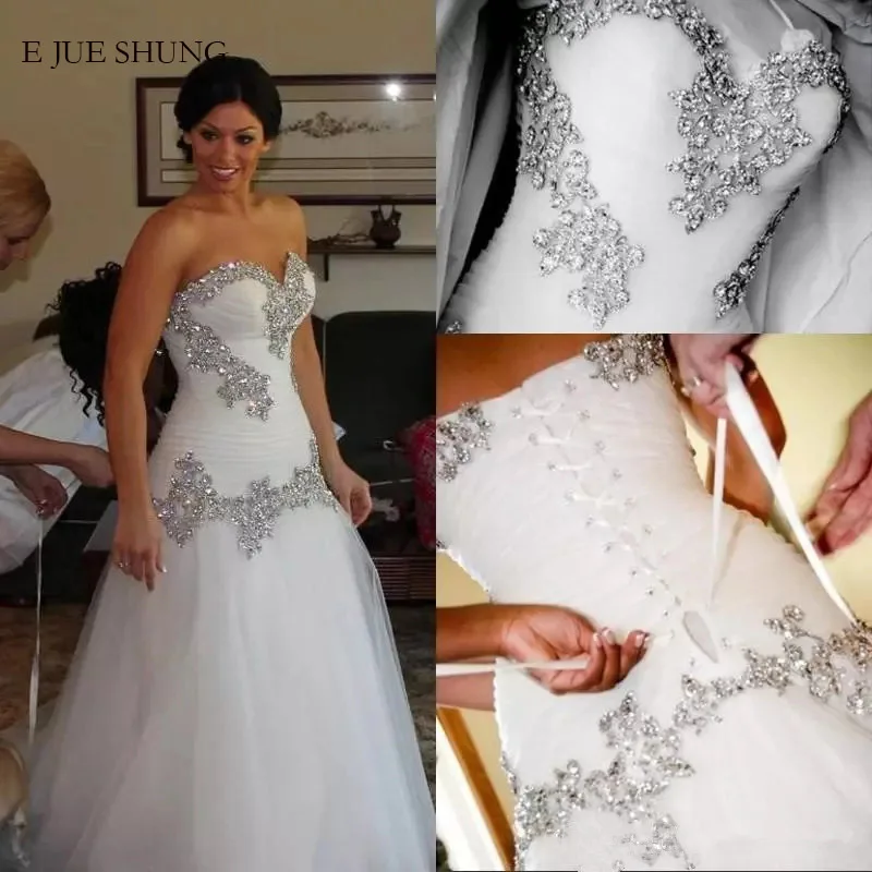 E JUE SHUNG Silver Lace Appliques Beaded Wedding Dresses Lace up Back Sweetheart Wedding Gowns Bride Dress robe de mariee