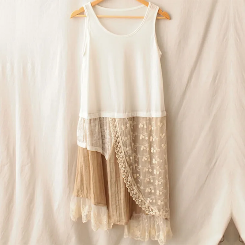 Harajuku mori menina doce vestido roupas femininas assimétrico retalhos algodão renda camada sem mangas kawaii meados de bezerro vestidos a023