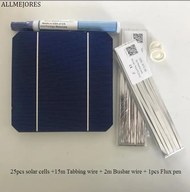 25pcs Monocrystalline solar cell 3W/pcs A Grade 125mm x 125mm for DIY solar panel+ Enough Tabbing wire +Flux pen