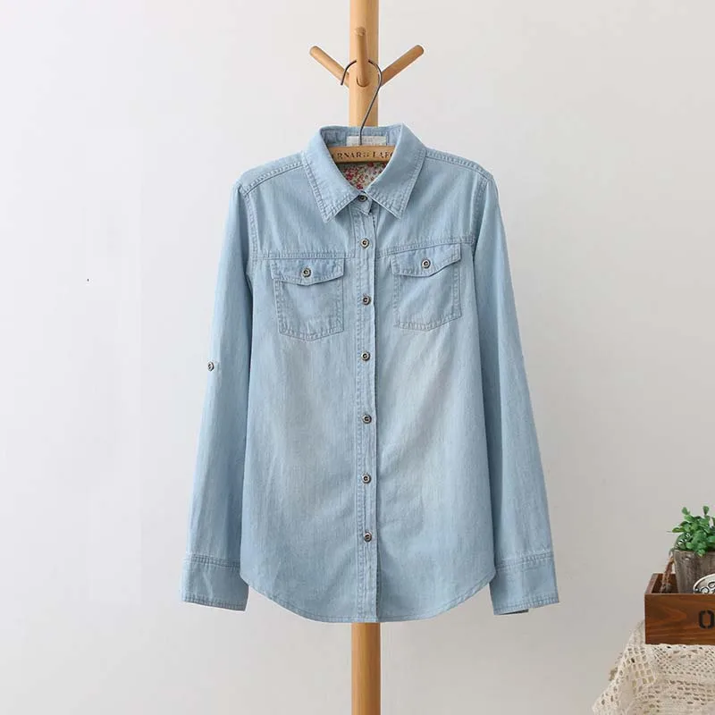 Lente Herfst Koreaanse Grote Maat Vrouwen Denim Shirt Vrouwelijke Lange Mouw Effen Kleur Cowboy Blouse Katoen