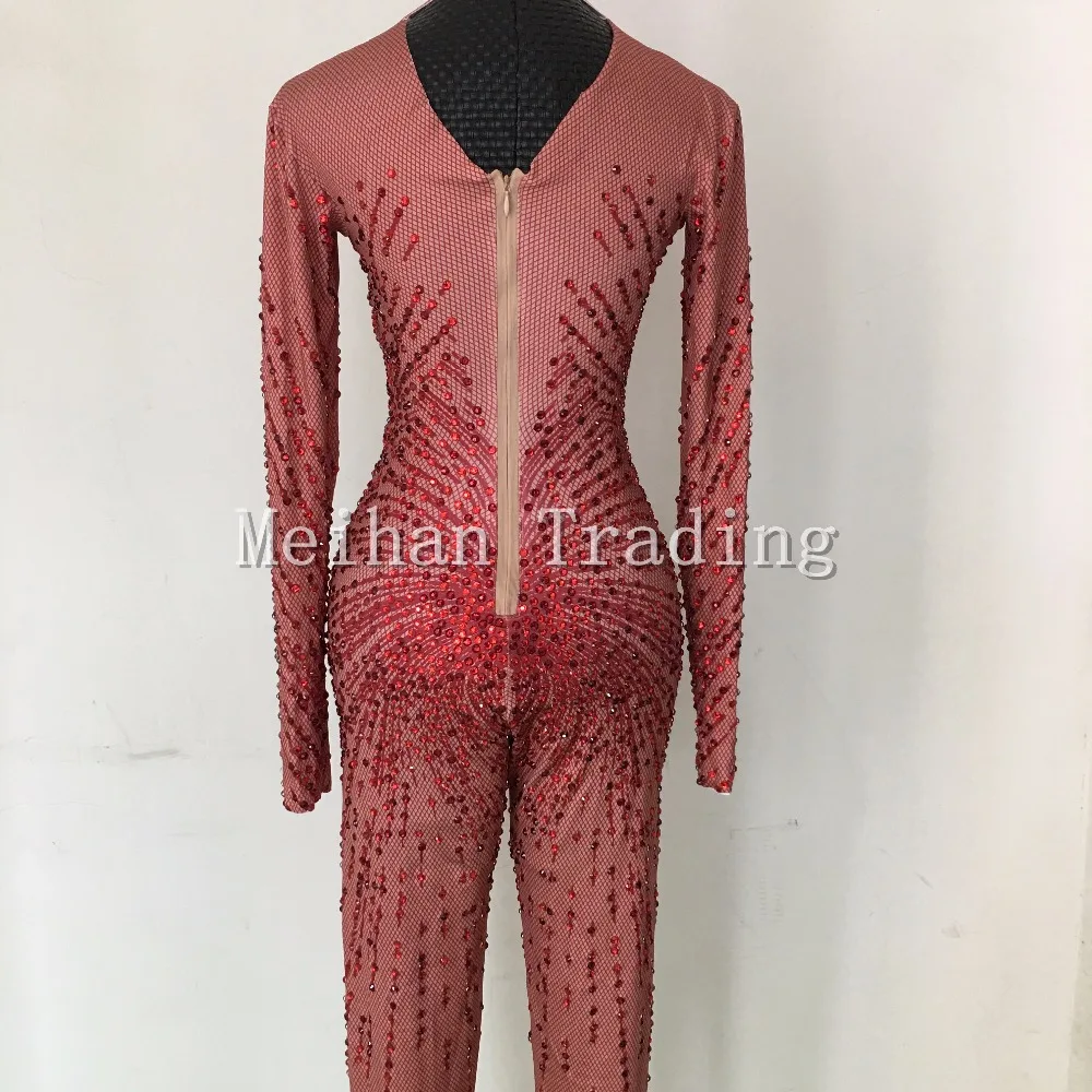 Fashion Sexy Red Crystals Bodysuit Nightclub Show RomperStage Dance Wear Rhinestones Jumpsuit Costume Female Singer Wear