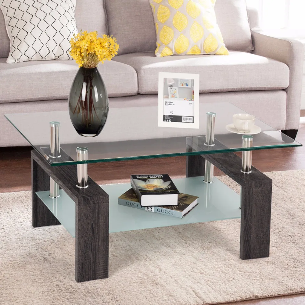 Giantex Rectangular Tempered Glass Coffee Table End Side Table with Shelf Home Furniture Living Room Furniture