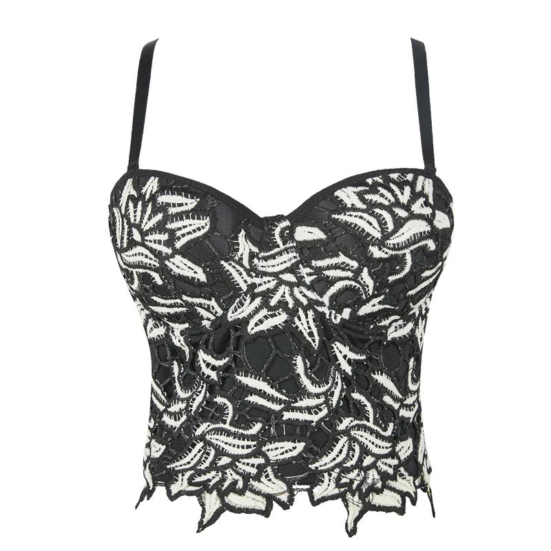 

Corzzet Women Punk Black&White Flora Lace Bustier Bra Crop Top Burlesque Club Dance Party Body Shaper Corsets and Bustier