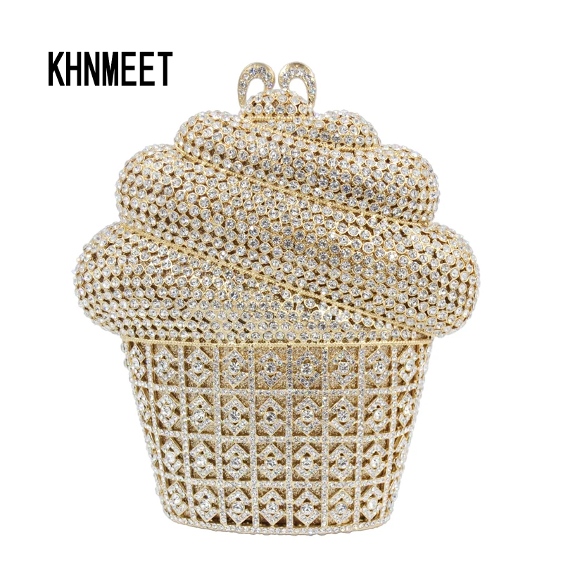 Newest Luxury Ice cream Crystal Evening Bag Gold Silver CupCake Wedding Party Prom Clutch Purse Handbag Chain Shoulder Bag SC621