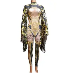 Fashion Black Yellow Bat Sleeve Crystals Jumpsuit Women Nightclub Celebrity Prom Party Outfit Singer Performance Dance Costume