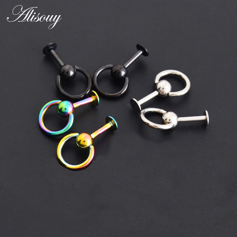 Alisouy 1Piece 316L Surgical Stainless Steel Anodized Labret Lip Stud Ring Ear Tragus Stud Barbell Body Piercing Jewelry