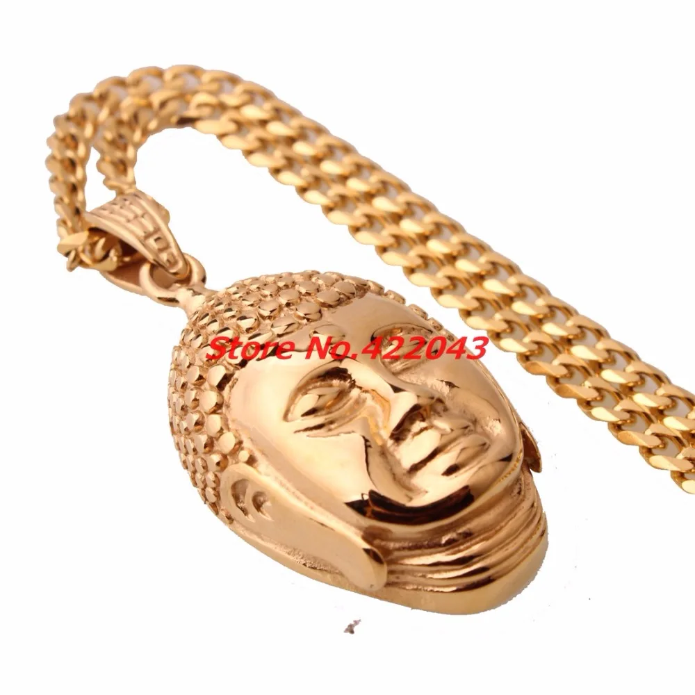 Unqiue Gold color  Buddha Head Bless Pendant 316L Stainless Steel Buddhism Free Cuban Chain Necklace Jewelry Wholesale Price