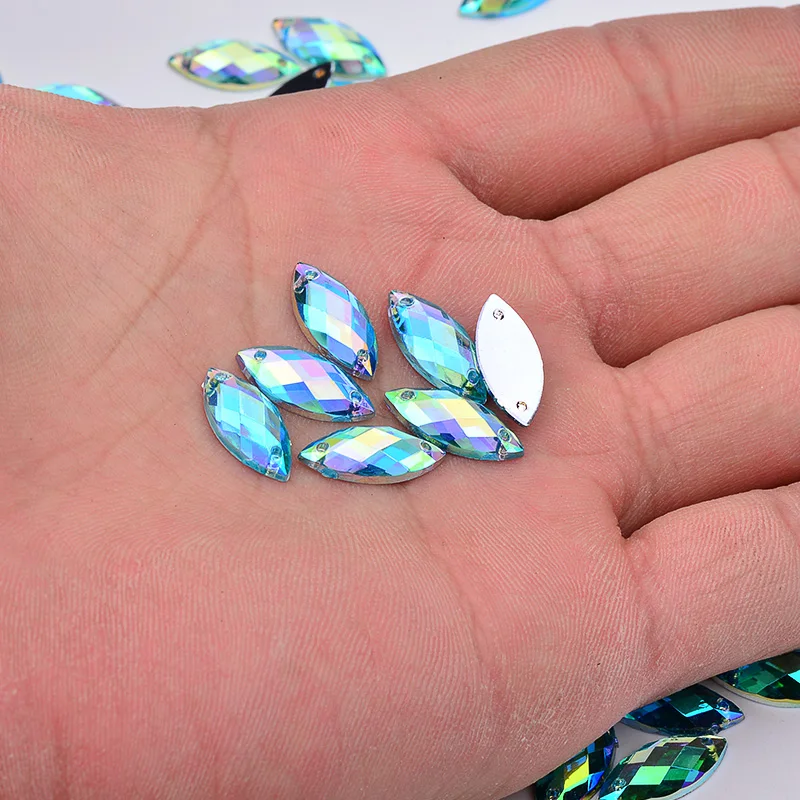 JUNAO 7*15mm 500pcs Aquamarine AB Crystals Sewing Acrylic Rhinestone Flatback Horse Eye Fancy Crystals Stone Sew On Strass Beads