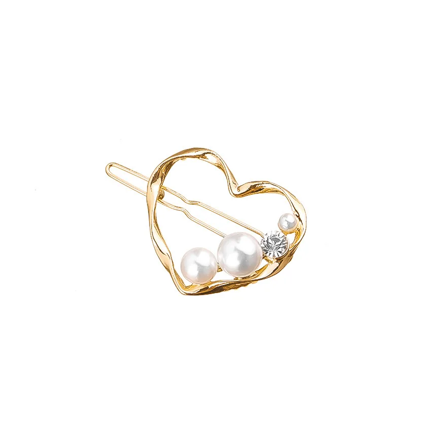 Simple Retro Wild Geometric Imitation Pearl With Rhinestones Gold Triangle Heart Small Hairpin Headdress Bangs Clip Female