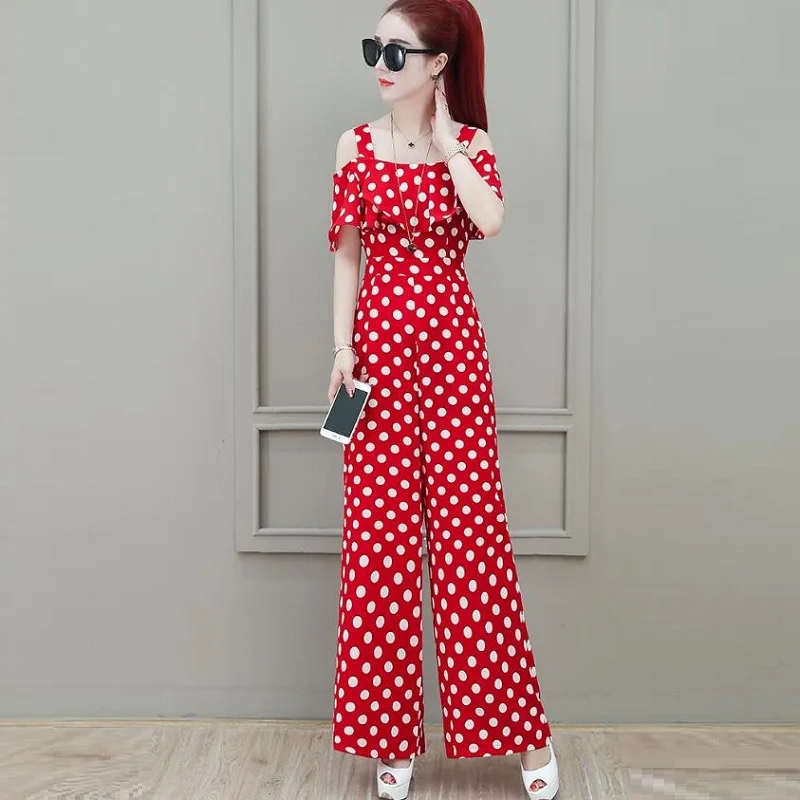 Polka Dot Jumpsuit 2019 Musim Panas Off Bahu Korea Overall Pinggang Tinggi BoHo Playsuit Elegan Celana Kodok untuk Wanita 2019 DD2155