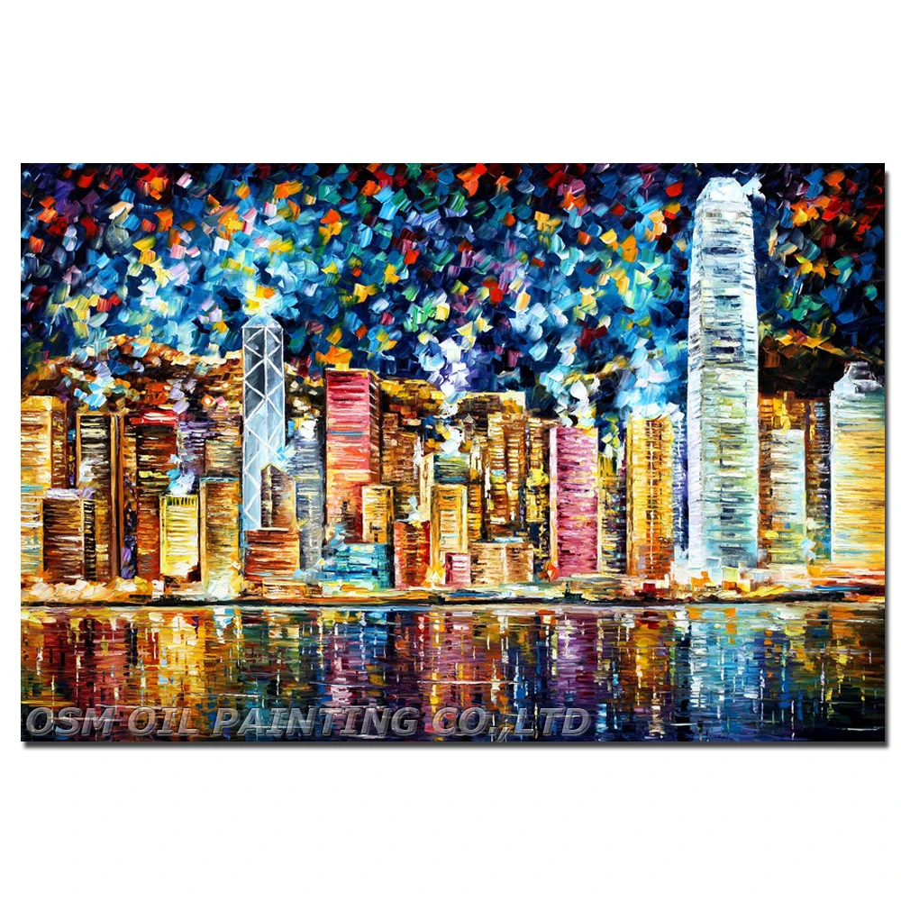 Professional Artist Hand-painted High Quality Colorful Hong Kong Oil Painting on Canvas Abstract Hong Kong Landscape Painting