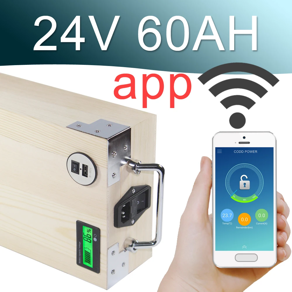 

24V 60AH APP Lithium ion Electric bike Battery Phone control USB 2.0 Port Electric bicycle Scooter ebike Power 1000W Wood