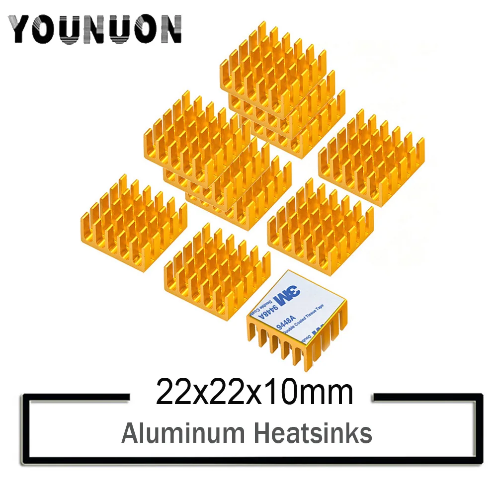 10Pcs YOUNUON Golden 22x22x10mm Aluminum Heatsink Cooler Circuit Board Cooling Fin for Raspberry Pi VGA RAM IC Chips Mosfet SCR