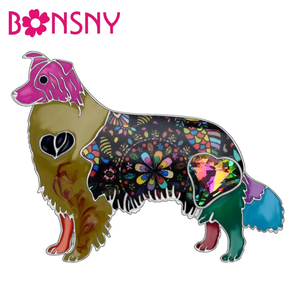 Bonsny Enamel Alloy Crystal Rhinestone Border Collie Dog Brooches Pets Jewelry Pin For Women Girls Gift Scarf Decorations Bijoux