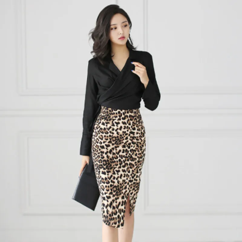 

2018 Autumn OL Office Ladies 2 Pieces Set Long Sleeve Shirt Top and Leopard Print Sheath Wrap skirt Elegant Women Two Piece Set