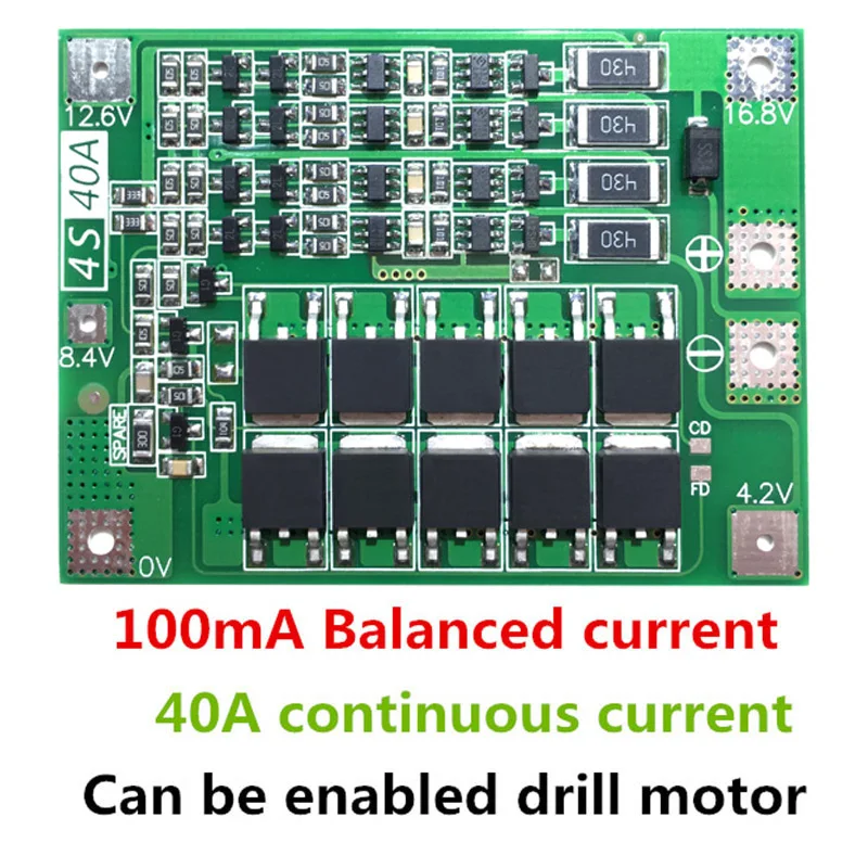 Placa de proteção para bateria de lítio 4S 40a, módulo de célula de 18650 lipo com balanço para motor de furadeira