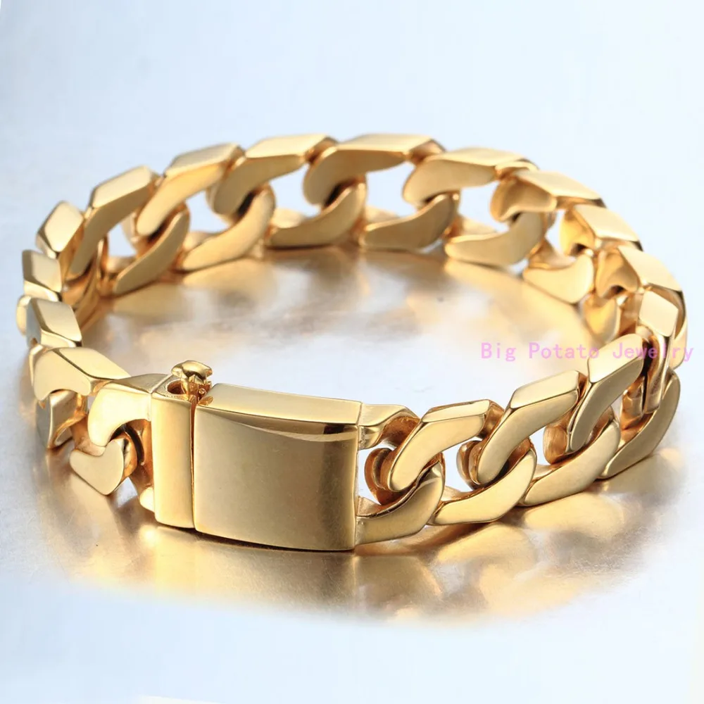 Domineering Fashion Silver Color Gold Cuban Casting Link Chain Bracelet 316L Stainless Steel Cool Men Jewelry 12mm*22CM