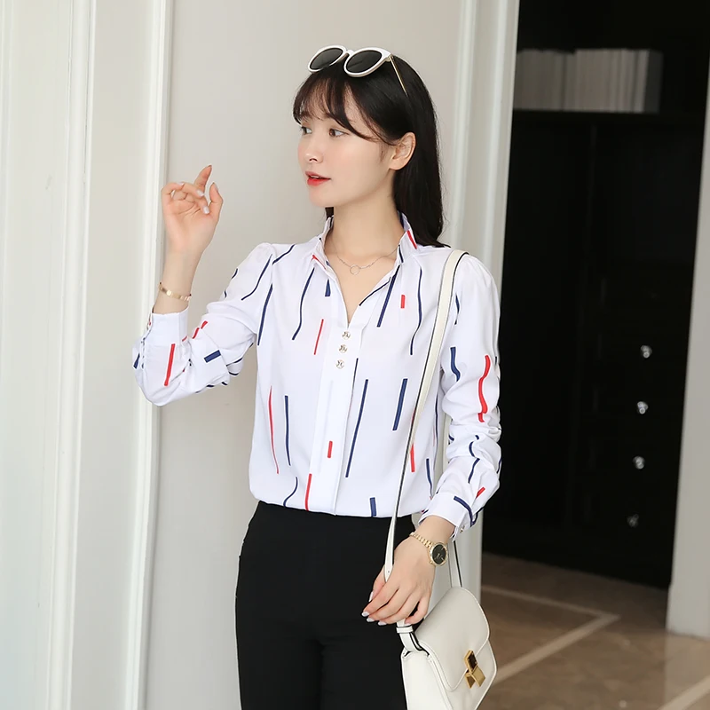 Spring and Autumn Blouse Long Sleeve Shirt Print New Korean Version V Neck Blusa Feminina