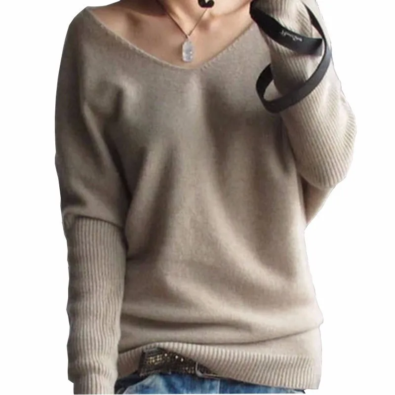 

Hot Sale Soft & Comfortable Bat-like Pullovers Female Cashmere Sweater Pure Casual V-neck Short Design Basic Knitted Pullovers