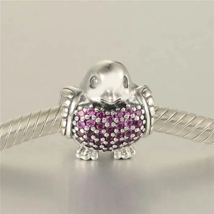 Red & Clear CZ Pave Robin Charm Beads Autumn Animal 925 Sterling Silver Jewelry For Women Fits Pandora Bracelets Diy Making