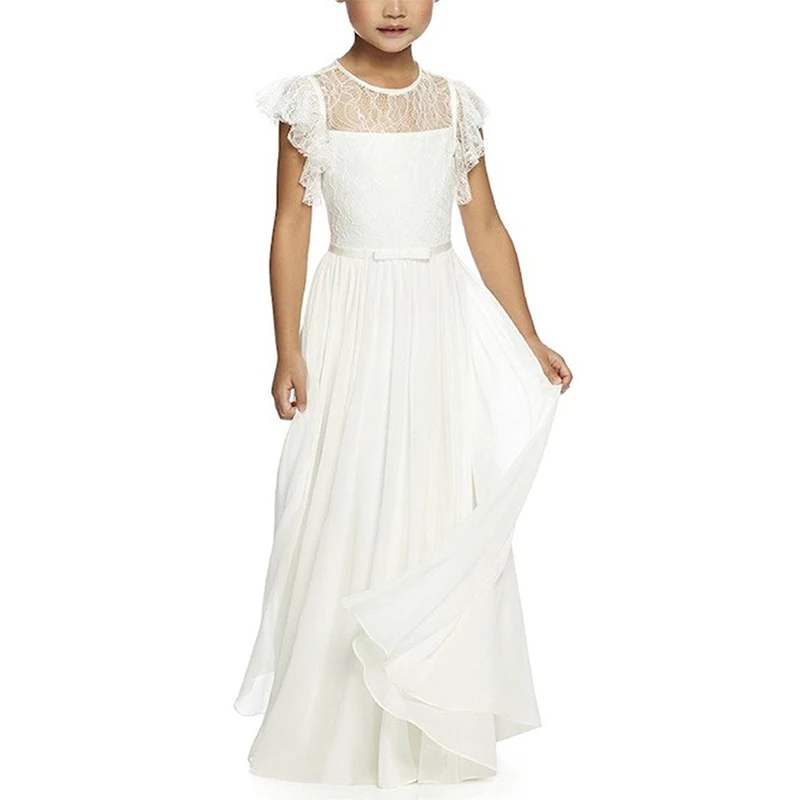 Puff/horn Sleeves Lace Girl Pageant Dresses First Communion Dress A Line Beach Chiffon Kids Wedding Party Gown 2-13Year Teenager