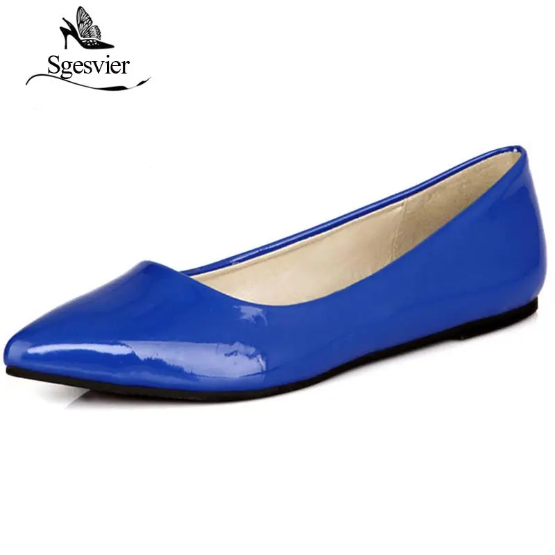 SGESVIER Spring Women Flats Blue Red Yellow Black Green Glossy Patent Leather Women Nude Flats Ladies Shoes Big Size 30-49 OX180