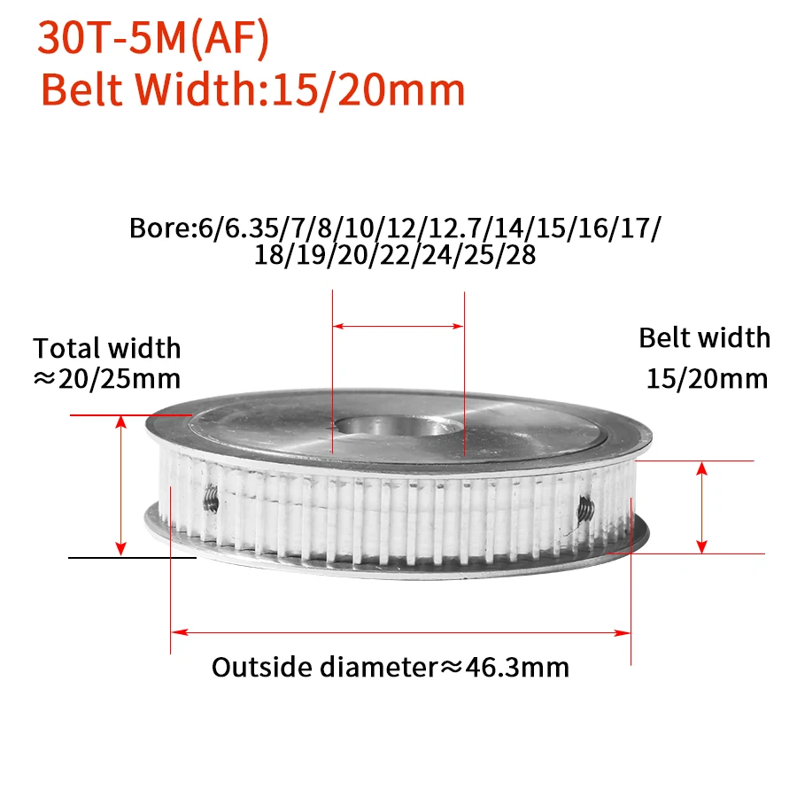 30Teeth HTD5M Synchronous Timing Pulley Inner Bore 6mm-28mm for Width=15/20mm Keyway Timing Belt Pulley AF 5mm Pitch 5M Type 30T