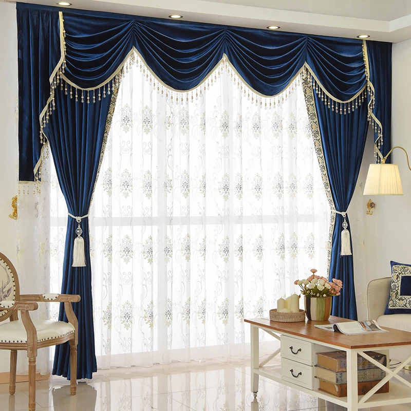 

Custom curtain Luxury bedroom living room European style blue Italy velvet cloth blackout curtain valance tulle E786