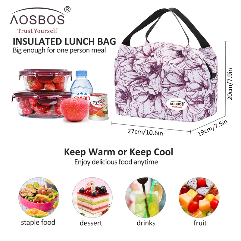 Aosbos Fashion Portable Insulated Canvas Lunch Bag Waterproof Picnic Thermal Lunch Box Bags Cooler Tote Bag for Women Kids Girls