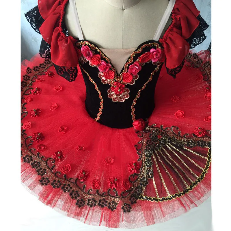 Advanced Customization Nutcracker Spanish Ballet Dresses In Black Red,Flower Decoration Don Quixote Ballet Tutu Dress Girl