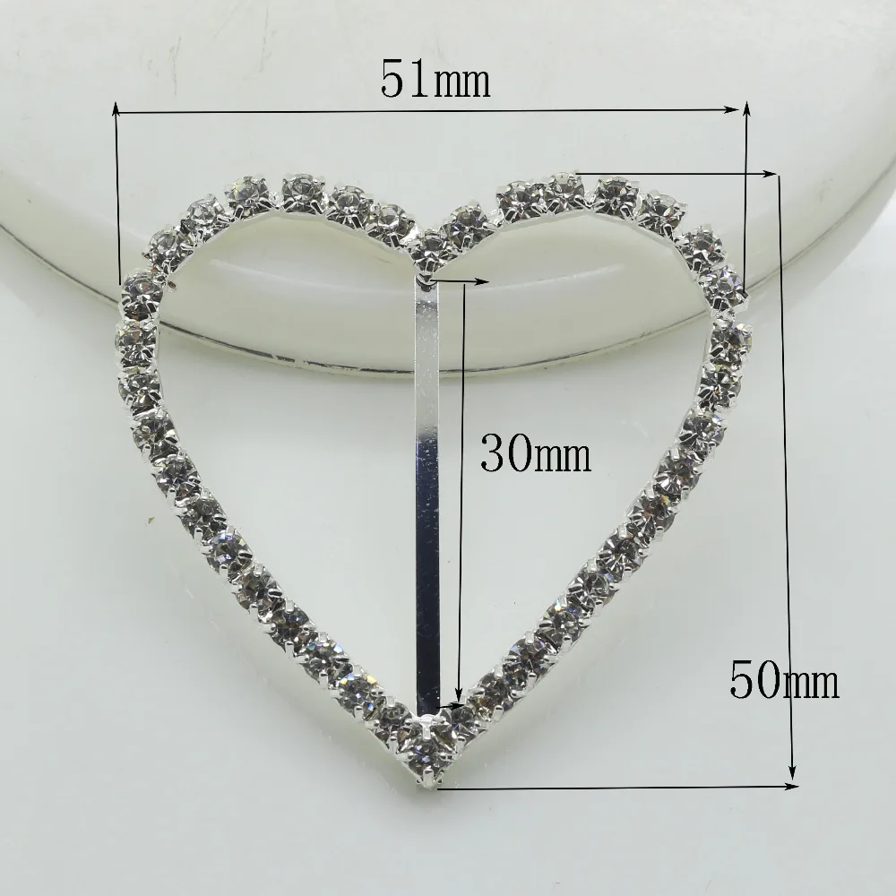 Sweet Diamond Ribbon Sliders, Rhinestone Heart Buckle, Strass Fibbia Cuore Per Invito A Nozze, 10 PCs, 51*50mm