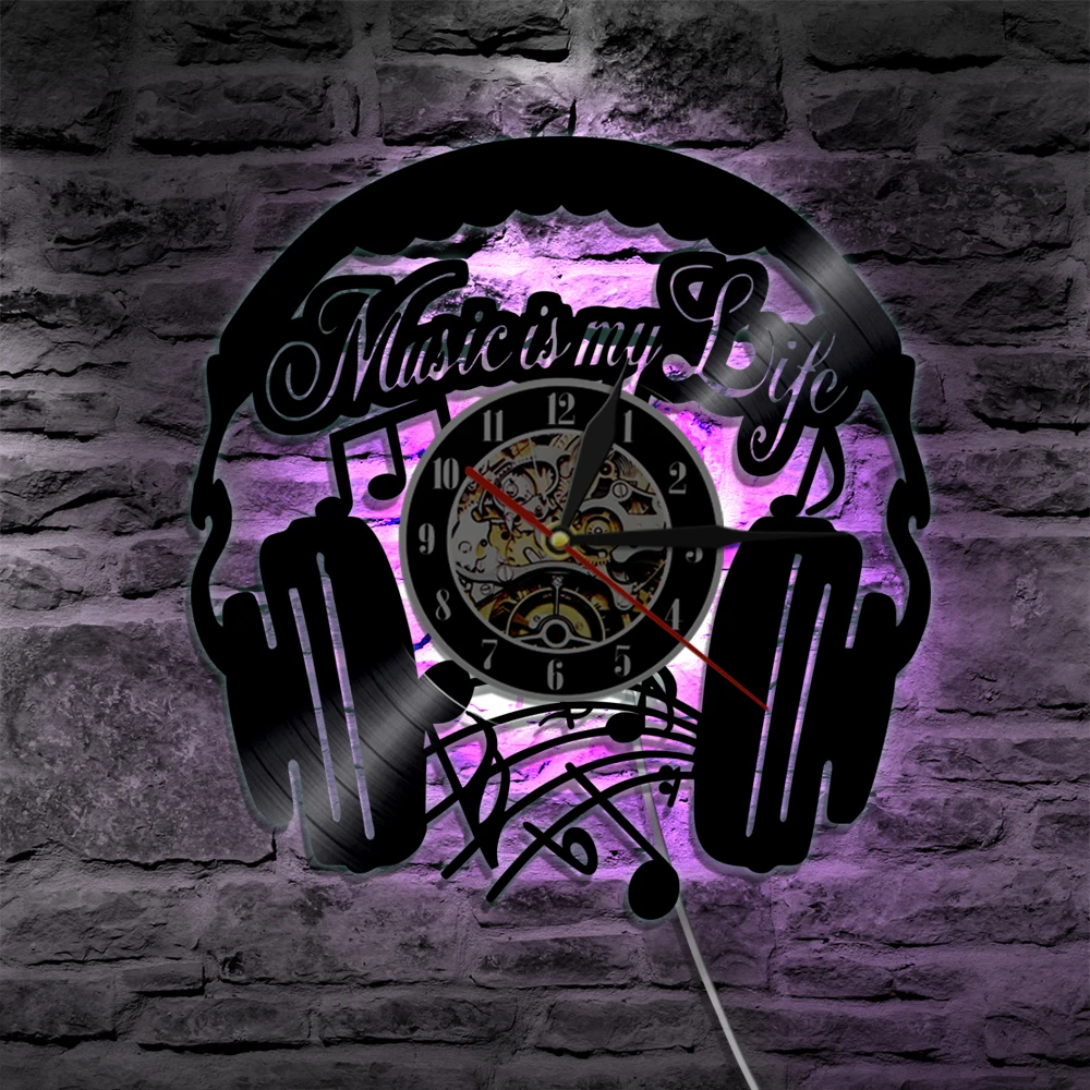 

Music Is My Life Music Inspirational Modern Wall Lamp Vinyl Record Wall Clock Rock N Roll Music Headphone LED Wall Light