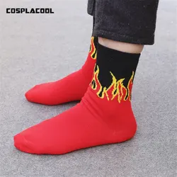 Unisex Fashion Hip Hop Design Red Flame Pattern Crew Socks Lifelike Jacquard Fire Socks Classic Street Skateboard Long Socks