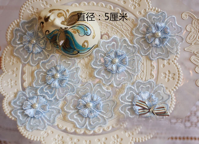 

30pcs 5cm 1.96" wide blue/ivory beads 3D organza embroidery lace appliques patches L14M18