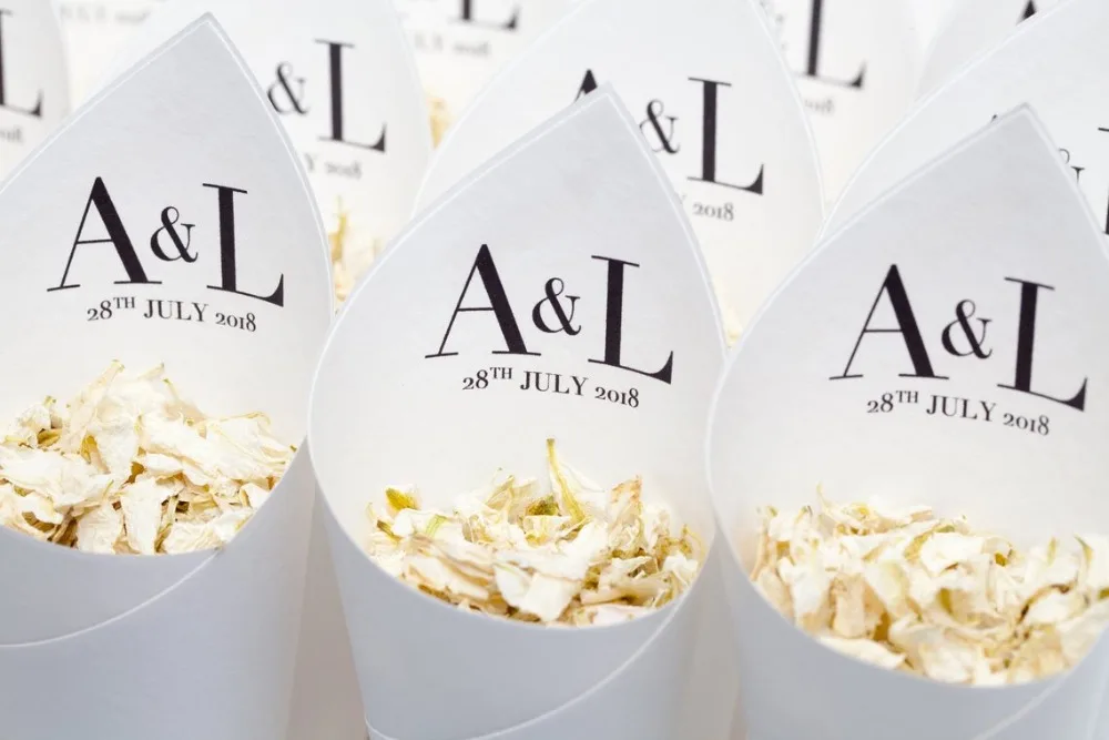 personalized mr&mrs initials date or text Rustic Wedding confetti cones, Customize wedding birthday confetti package free design