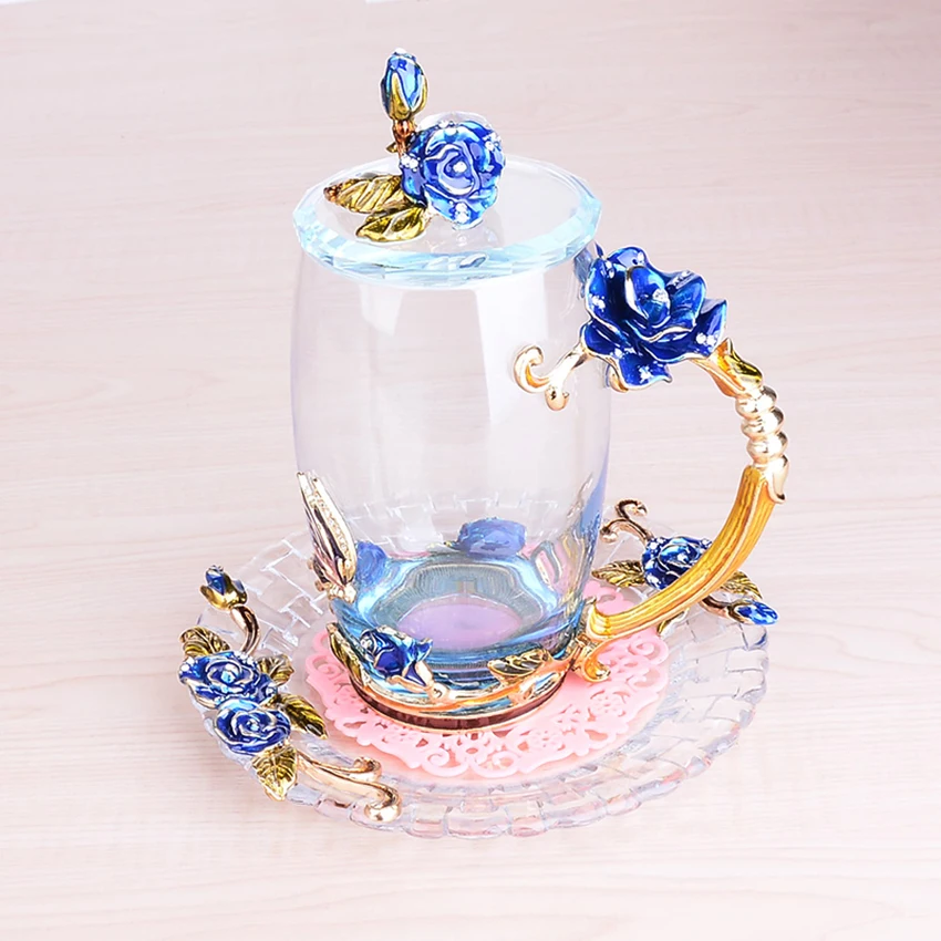 Europe Style colorful glass cup  rose enamel applique crystal cup tea Cup Wedding cup creative Wedding gift Home Drinking Ware