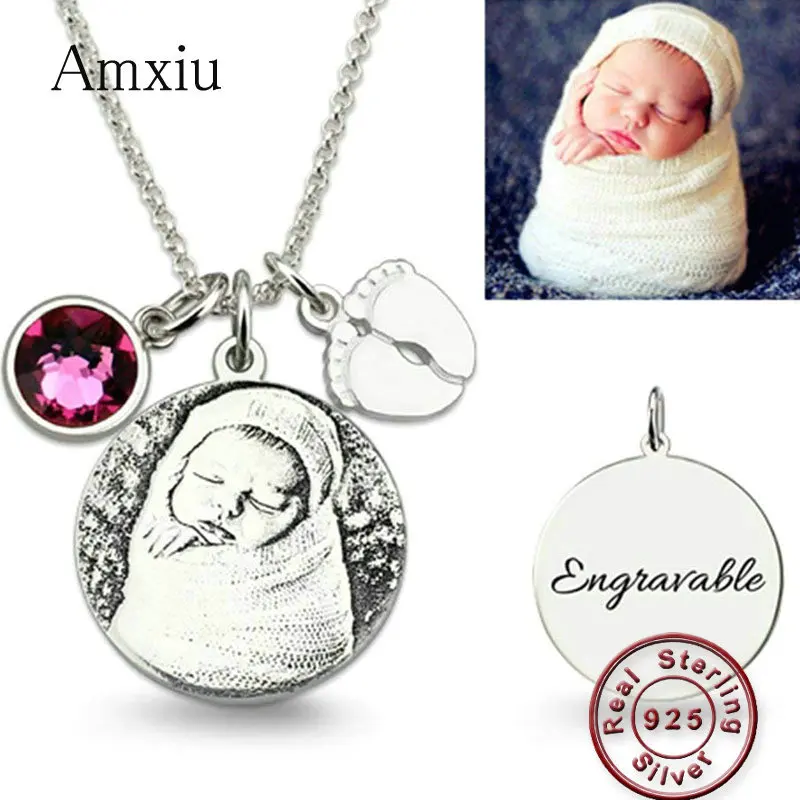 

Amxiu Personalized 925 Sterling Silver Necklace Engrave Family Photo with Birthstone Name Pendant Necklace Feet Picture Jewelry