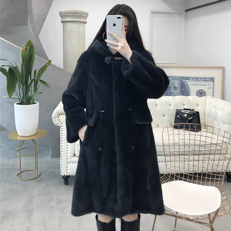 2023 Fashion Copenhagen Mink Whole Fur Women X-long Natural Real Girl Coat with Hood  Winter Thick Warm Female Mink Fur Jacket