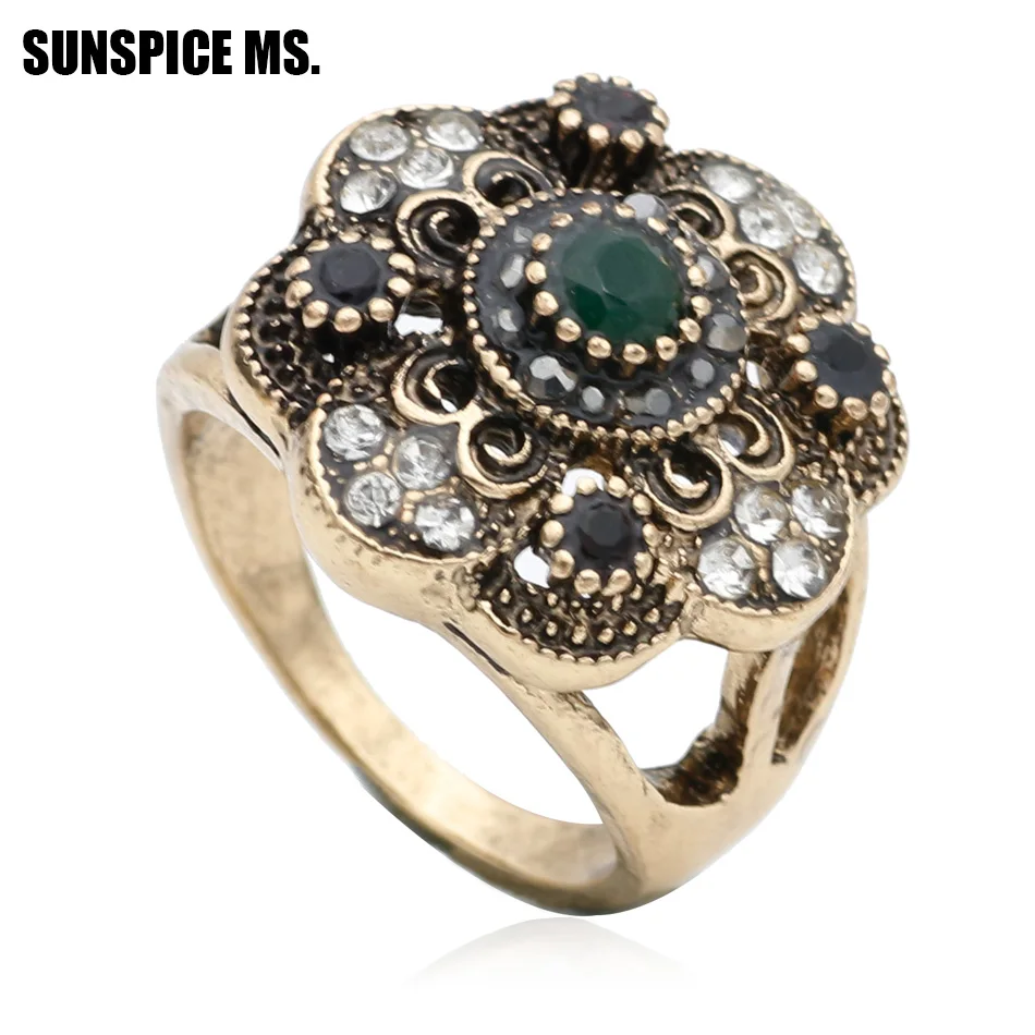 Fashion Turkish Women Round Flower Vintage Rings Antique Gold Color Hollow Resin Jewelry Indian Bridal Wedding Ethnic Bijoux