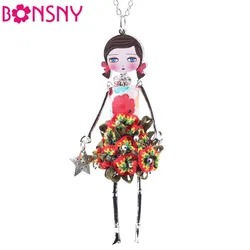 Bonsny-女の子のためのフレンチドールネックレス,アクリル合金ペンダント,ロングチェーン,フラワージュエリー,かわいい,新しいコレクション2015