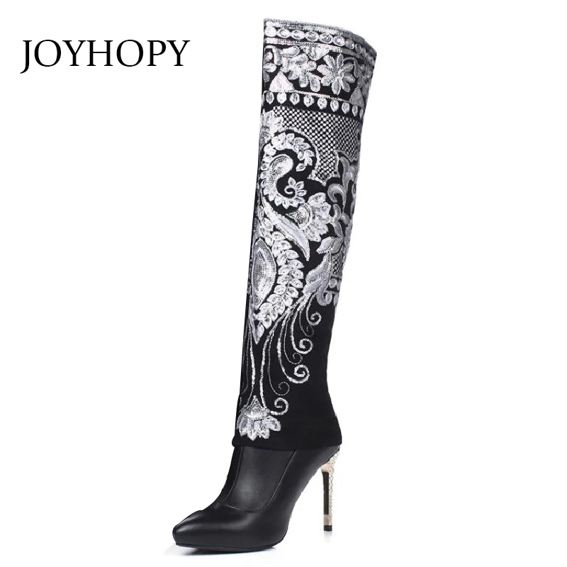 

Cowskin Genuine Leather Over The Knee Boots Women Embroidered High Heel Thigh High Boots Flock Winter Woman Shoes WB-1408