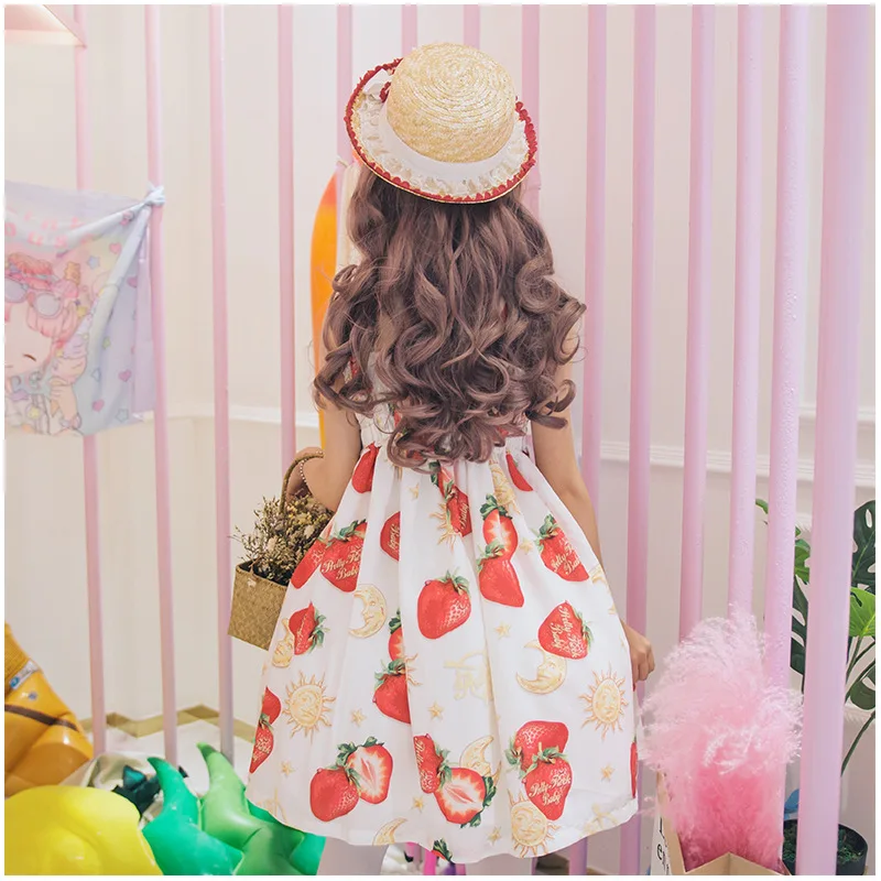 Vestido de princesa Kawaii japonés Strawberry Jsk Lolita, dulce vestido de señora de cintura alta con lazo