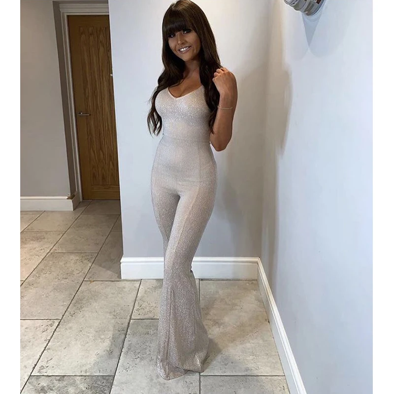 2019 New V-Cổ Rompers Womens Sexy Jumpsuit Shiner Không Tay Bodycon Dây Kéo Playsuit Mùa Xuân Hè Casual Slim Đảng yếm