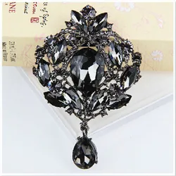 100% Top Quality Vintage Hot Selling Design Huge Black Glass Crystal Drop Pendent Brooch Cheap Price Women Party Brooch Pins