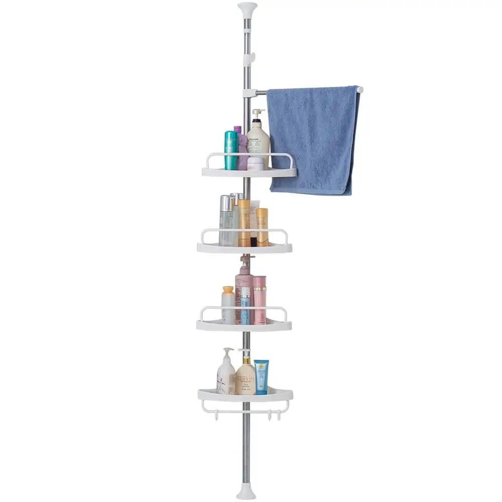 BAOYOUNI 4 Tiers Adjustable Bathroom Shower Corner Rack Tension Pole Toiletries Storage Rack Towel Rod Organizer Shelf  DQJ006