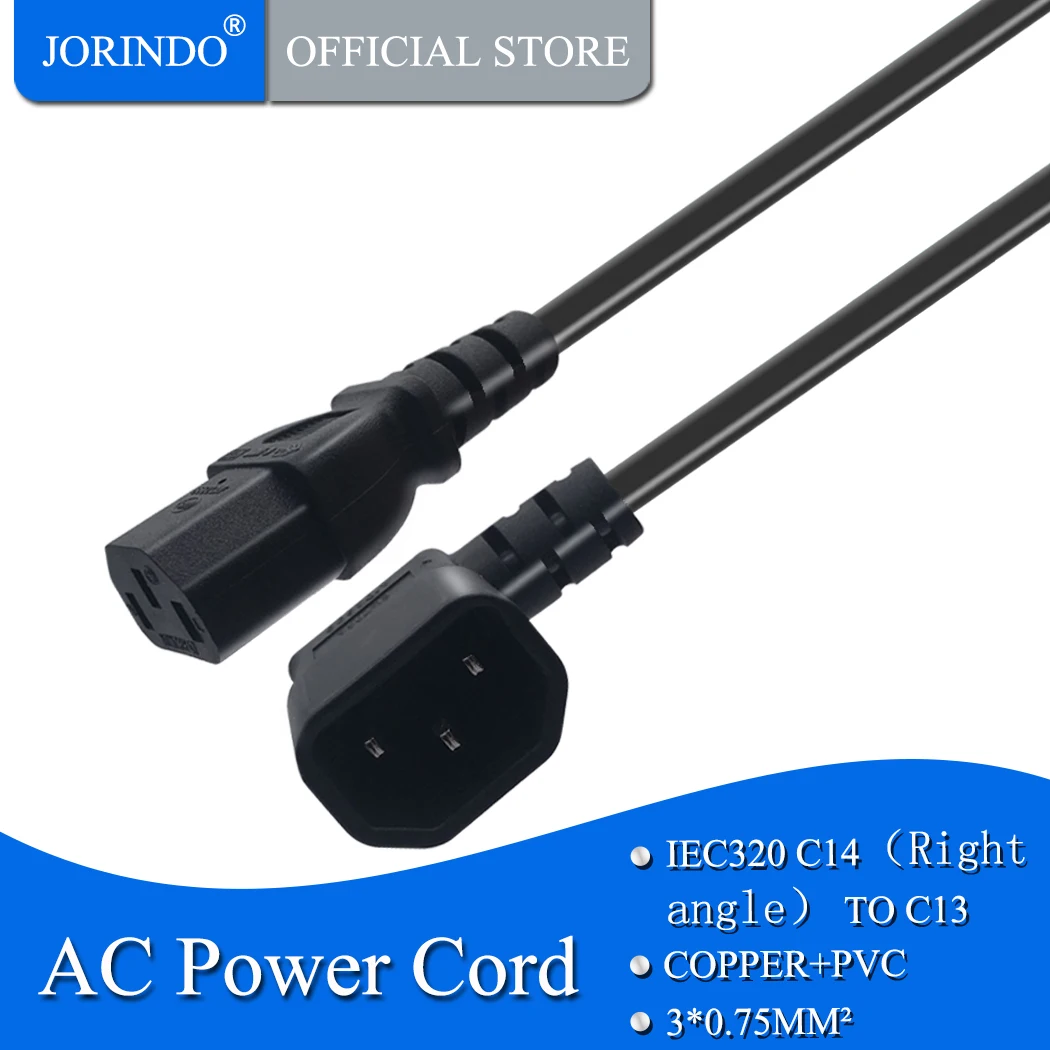 JORINDO 0.3M/1FT IEC320 C13 to C14 right angle AC Power cord,C14 male TO C13 female 3-srong Adapter Cable ,10A/250V