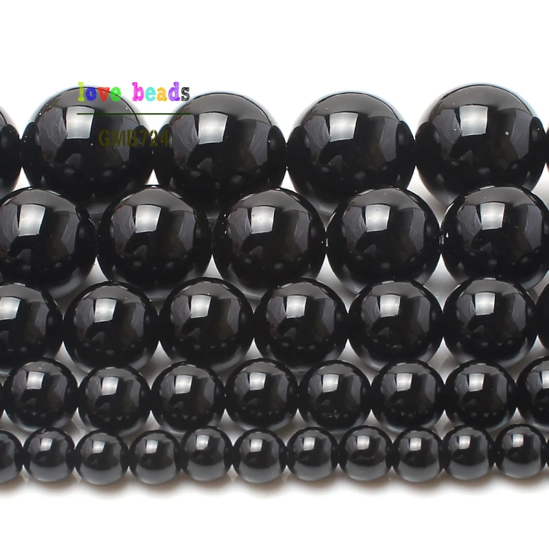 wholesale Natural Stone Beads Smooth Round Black Agates Onyx Loose Beads For Jewelry Making Pick Size 2/3/4/6/8/10/12/1mm