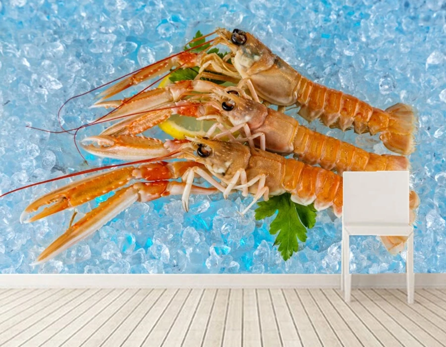 Papel de parede Seafoods Shrimp Ice Food wallpapers,restaurant fast food shop bar dining room TV wall kitchen 3d murals